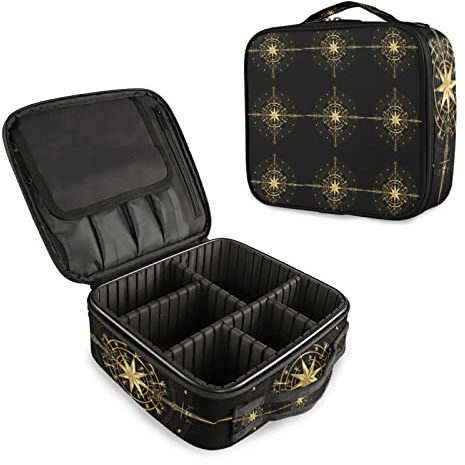 Magic Ancient Wind Rose Magic Navigation Gold Compass Women's Portable Makeup Bags with Handle, Adjustable Dividers, Travel Cosmetic Toiletry Accessories Storage Organizer for Girls