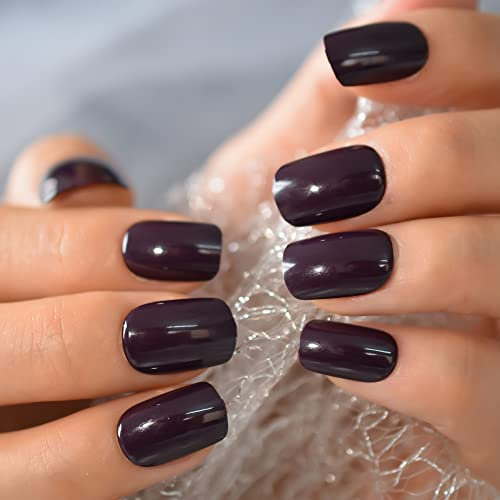 Dark Purple Medium Squoval Faux Ongles Glossy Full Cover Pure Color Fake Nails 24pcs/kit