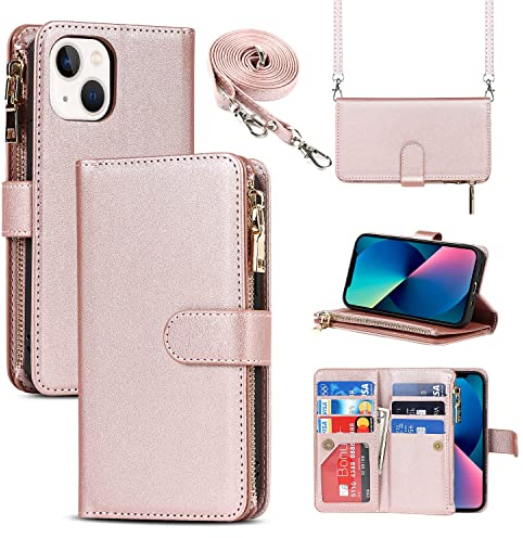 Cavor Coque Compatible avec iPhone 13 Etui avec Cordon,Flip Portefeuille Étui Cuir,[9 Porte Cartes][Double Boucle],Protection Housse Etui Compatible avec iPhone 13 - Or Rose