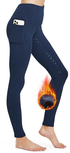 FitsT4 Sports Damen Winterreitleggings Silikon Vollbesatzreithose mit Fleecefutter mit Handytasche und Gürtelschlaufen,Dunkelblau,XL