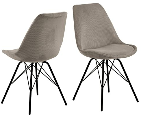 AC Design Furniture Emanuel Cord-Esszimmerstuhl mit Rückenlehne 2er Set, Gepolsterter Esszimmerstuhl, Organische Form, Beige, Gepolsterter Stoffsitz mit Schwarzen Metallbeinen, Perfektes Küchenset