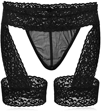 sous-Vêtements pour Hommes String Taille Basse Ajouré en Dentelle String avec Sac pour Hommes Culotte avec Jarretière(Noir)