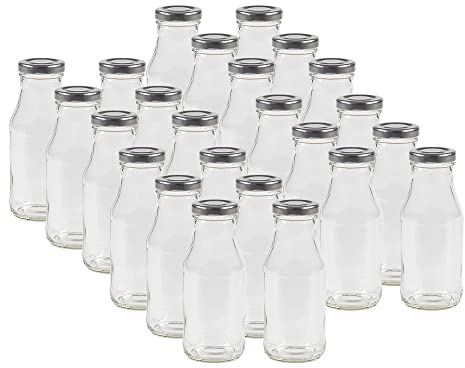24 leere Glasflaschen Flaschen 263ml mit Schraub-Deckel Silber zum selbst befüllen von Milchflaschen, Saftflaschen, Smoothie Flaschen TO43 0,25l