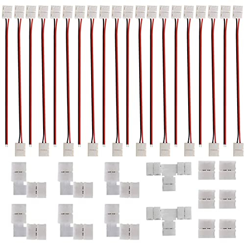 GTIWUNG 34 Pcs Kit de Conector de Barra de Luz Led, 2 Pin Conectores Tiras Led, Cable de Conexión, Conector de Gapless Led, Conectores Tiras Led con Esquina para 3528 2835 Monocolor y Tira 8mm ancho