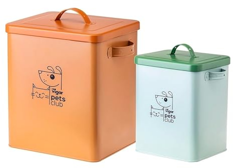 VIGAR - Contenedor de Pienso - Pack 2 Unidades - Colección Pets Club - Capacidad de 5 y 12 l - Metal y Silicona - Con Tapa Hermética - Naranja y Verde