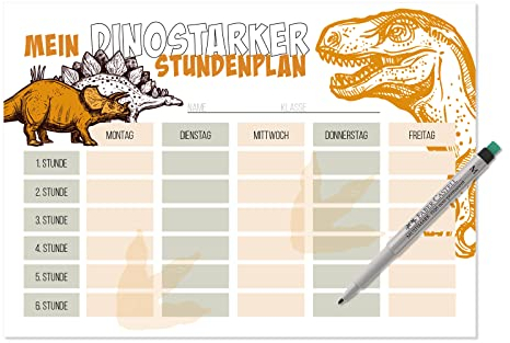 Primus Print Dinosaurier Stundenplan A4 - Magnetisch & Abwischbar inkl. Stift - Wochenplaner für Kinder - Ideal für Kühlschrank, Perfekt für Schule & Zuhause - Made in Germany