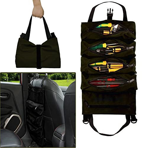DZOZO Tool Bag Roll Up Pouch 5 Zipper Pockets Foldable Canvas Organizer Hanging Wrench Storage Multi-Purpose Organizer, Black, 47cm x 28cm