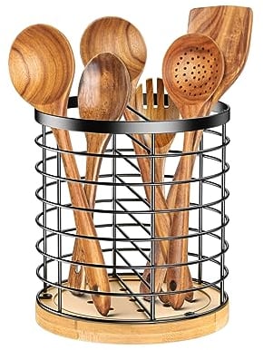 ausyde Kitchen Utensil Holder, Large Cooking Utensils Holder, Metal + Bamboo Base, Easy to Dry+Drainage Holes, Kitchen Countertop Utensil Organizer with Divider, Black