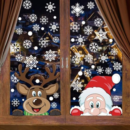DERAYEE 6 Feuilles Noël Autocollants Fenêtre Réutilisable,286pcs PVC Stickers Noel Décoration de Noël Fenêtre,Père Noël Rudolph et Flocons de Neige,Noel Stickers Déco DIY Verre de Noel