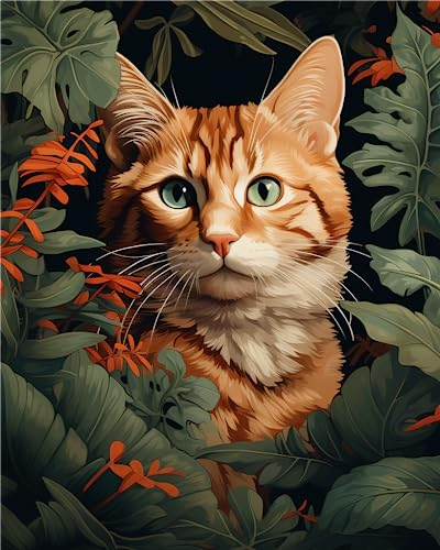 Ginfonr 5D Diamond Painting Diamante Pintura Gato Naranja Flor Hierba Kits, Punto De Cruz Diamante Pintura Animales De Taladro Completo Con Decoración De Pared De Diamantes Art 30 * 40 cm