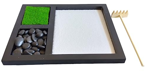 ZEN&TAO Japanese Miniature Desktop Zen Garden, Black Three-compartment Tray, Various Designs, For Meditation, Relaxation and Gifting (Design A (Essential))