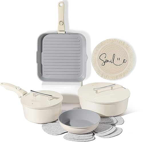 12 Pcs Nonstick Ceramic Cookware Set With Detachable Handle - Pots and Pans With Lids, Non Toxic, RV and Camping Cooking Set, PTFE & PFOA Free, Oven Safe, Space Saving - Cream