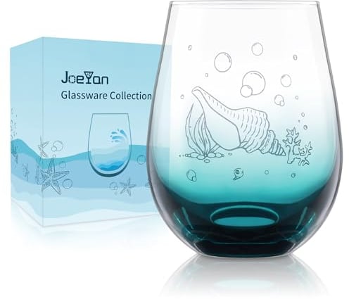 Joeyan Hand Blown Stemless Blue Coloured Bottom Wine Glass with Etched Sea Snail Bubbles Plants Design Wrapped in Gift Box, 520ml Large Cocktail Tumblers, Great Present Idea for Sea Animal Lovers