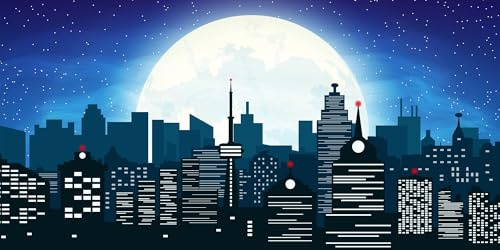 CORFOTO 20x10ft Cartoon-Superstadt-Hintergrund für Superhelden-Stadtmitte-Partyzubehör, Skyline-Stadt-Hintergrund, Kinder-Jungen-Geburtstagsbanner, städtische Nacht, Mond, Stadtgebäude-Hintergründe