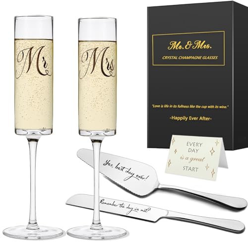 Yeegook Cadeaux de mariage pour mariée et marié, flûtes à champagne Mr et Mme, cadeaux de fête prénuptiale, cadeau de fiançailles, verres à griller de mariage avec ensemble de découpe de gâteau pour