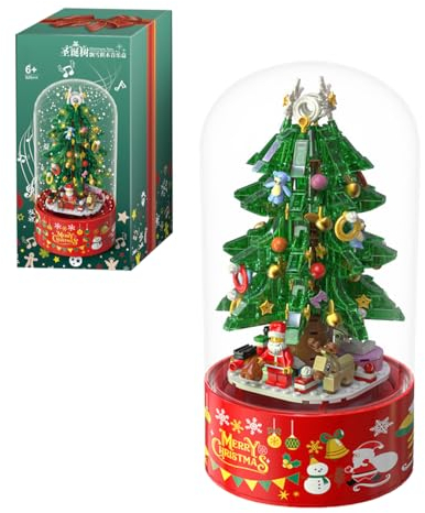 Tirff Rosa Kristall Weihnachtsbaum Spieluhr Bausteine Bausatz, 629 Klemmbausteine Drehbare Weihnachtsbaum Modellbausatz, Konstruktionsspielzeug für Erwachsene und Kinder, Kompatibel mit Großen Marken