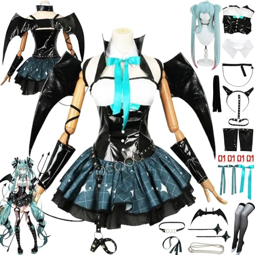 Tjmiaohao Anime Little Devil Miku Cosplay Kostüm Outfit H'atsune M'iku Uniform Full Set Halloween Party Dress Up Anzug mit Perücke/Kopfschmuck/Flügel/Sticker für Frauen Mädchen (L)