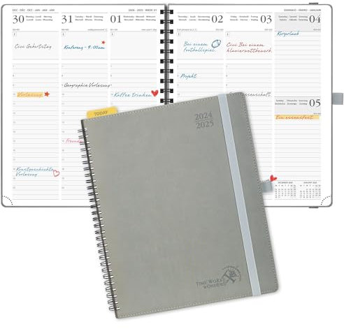 POPRUN Kalender 2025 Wochenplaner (Aug.2024-Dez.2025) Ringbuch mit Softcover, ca. A4 (26,5 x 21,5 cm), 17-Monate-Terminplaner 2025 1 Woche 2 Seite mit Zertifiziertem Papier - Grau