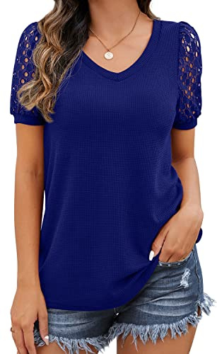 IWOLLENCE Short Sleeve Tops for Women UK Going Out Womens Blouses V-Neck Ladies Dressy Lace Sleeve T Shirts (Royal Blue, Large)