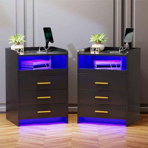 Lvifur Led 2er Set Nachttisch mit Ladefunktion,Smart Nachtschrank mit 24 Farben Dimmbar, Sideboard mit 3 Schubladen USB Type-C Automatischer Sensor Schlafzimmer Schwarz