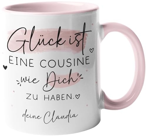 Personalisierte Tasse Glück ist eine COUSINE wie dich zu haben - Wunschtext. Geschenk für Geburtstag, Weihnachten (Tasse - Innen & Henkel Rosa, Glück ist - Cousine)