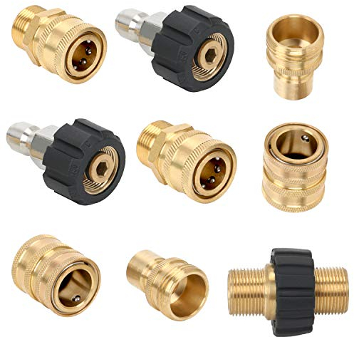 STYDDI 9 Pieces Quick Connect Pressure Washer Adapters, Power Washer Hose Brass Quick Release Coupling Fitting, M22-14mm Thread Swivel to 3/8'' Quick Connect, 3/4 GHT Thread to Quick Release