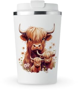 MAXIKIWI - Insulated Double Walled, Leakproof Stainless Steel Mug, Coffee or Tea Travel Tumbler with Lid, Keep Drinks Hot and Cold - Highland Cow - 350ml