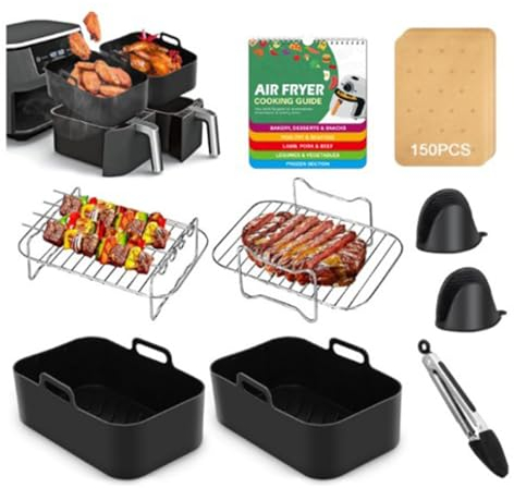Air Fryer Accessories, Set of 9 for Ninja Dual Air Fryers AF300UK AF400UK,Durable Tower Air Fryer Accessories with Reusable Silicone Air Fryer Liner Air Fryer Rack Silicone Gloves Kitchen Tongs Recip