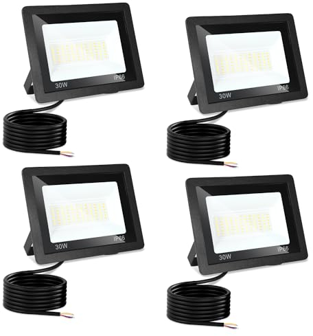 Jiubiaz LED Strahler Außen 30W, 3000K/4000K/6500K Dimmbar, Superhell Fluter Flutlichtstrahler, IP66 Wasserdicht Scheinwerfer Aussenstrahler für Hof, Garten, Garage (4 Stück)