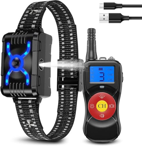Collier Anti aboiement pour Chien avec télécommande, contrôle Anti aboiement sur Le Dressage Inoffensif avec Spray/Vibration/Son/lumière, Collier Electrique pour Petit/Moyen/Grand Chien