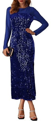 GRACE KARIN Women's Long Sleeve Maxi Dress for Bridesmaid Wedding Guest Crew Neck Sequin Sparkly Evening Dress Royal Blue L