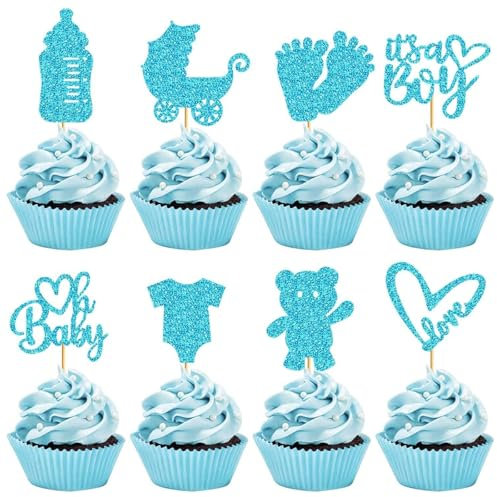 ALEGRE It's a Boy Tortendeko, 16 Stück Muffin Deko für Babyparty Junge, Blau Cupcake Topper Baby Shower Glitzer, Gender Reveal Party, Taufe Kuchen