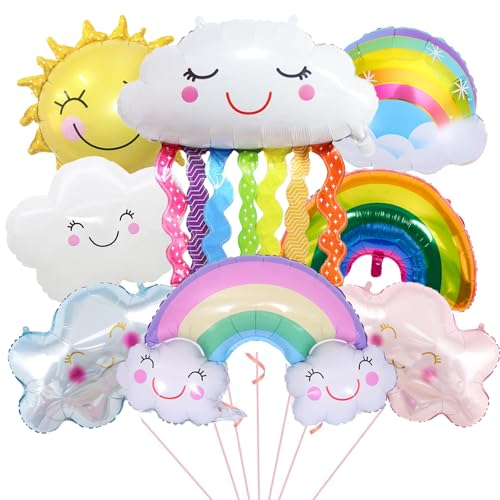 ALEGRE® Wolkenförmige Sonne Folienballon,8 Stk XXL Wolken Sonne Regenbogen Luftballons Geburtstag Set,Kindergeburtstag Deko Jungen Mädchen,Wolken Regenbogen Ballon für Geburtstag, BabyShower, Jubiläum