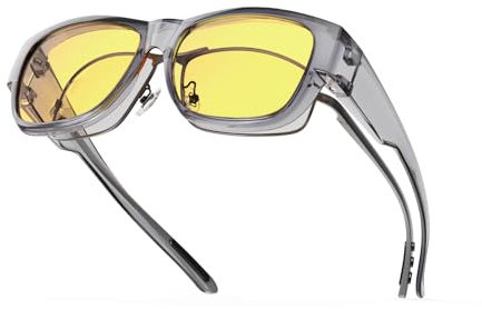 Goiteia Nachtfahrt Brille über Rezept Brille für Männer Frauen, transparente Rahmen für expansive HD Nachtsicht, Scheinwerfer Brille für das Fahren in der Nacht Glare Cut (M-Grau Kristall-Gelb)