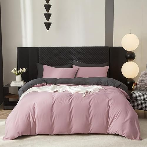 Gezu Parure de lit 3 pièces en coton respirant et doux avec housse de couette 240 x 220 cm et taie d'oreiller 80 x 80 cm avec fermeture éclair - Vieux rose/gris