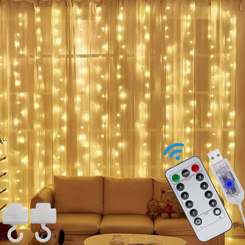 Lichtervorhang Lichterkette Innen 3x3m - 300 LED Lichterketten Vorhang, Lichtervorhang Innen USB mit Fernbedienung Timer, Dimmbar Lichtervorhang für innen außen Party Hochzeit, Warmweiß 8 Modi