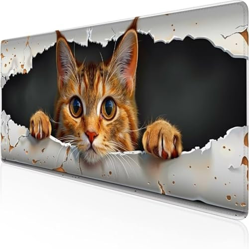 Speed Gaming Mauspad 1200 x 600mm, XXL Mousepad, Tischunterlage Large Size Groß, verbessert Präzision und Geschwindigkeit, abwaschbar - für Microsoft Maus und Tastatur Gelb Katze