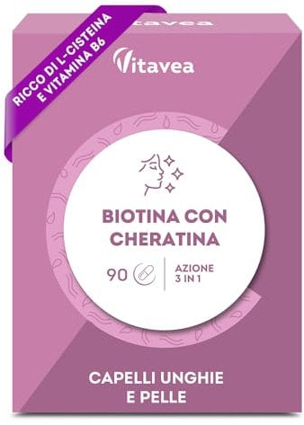 Biotina & Cheratina Liposomiale – Integratore per Capelli, Pelle e Unghie – Cheratina 300 mg, Biotina Potenziata, L-Cisteina, Vitamina B7 e B6 – 90 Capsule – Vitavea