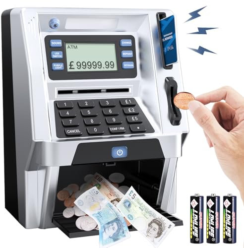 Savings Box, English Money Box with Debit Card, Real ATM Piggy Bank with Combination Lock and Fingerprint Lock, Digital Coin Bank with Voice Prompt and Coin Recognition For Boys and Girls Gifts