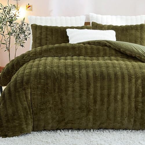 Tospass Plüsch Bettwäsche 200x220 cm Dunkelgrün Flauschig Warm Winterbettwäsche Kunstfell Querstreifen Flanell Fleece Cashmere Touch Bettbezug mit Reißverschluss und 2 Kissenbezug 80x80cm
