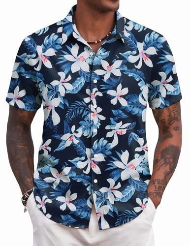 COOFANDY Mens Hawaiian Shirts Summer Short Sleeved Casual Shirt Beach Tropical Flower Shirts for Men Holiday Shirt Navy Blue & Lily XXL