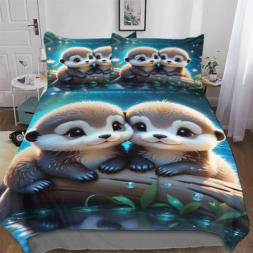 AAPZY Otter Bettwäsche-Set, 3D Motiv, Bettbezug 2teilig Mit Kopfkissenbezug Für Jungen Mädchen Schlafzimmer Atmungsaktiv Mikrofaser Deckenbezug Single (135x200cm)