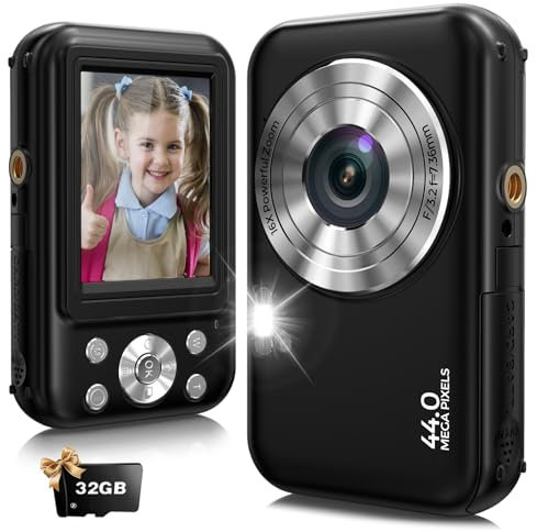 Digitalkamera, Fotokamera Kompaktkamera mit 32GB Karte, FHD 1080P 44MP mit 16-fachem Digitalzoom, Fotoapparat Tragbare Minikamera für Jugendliche, Kinder, Studenten(schwarz)