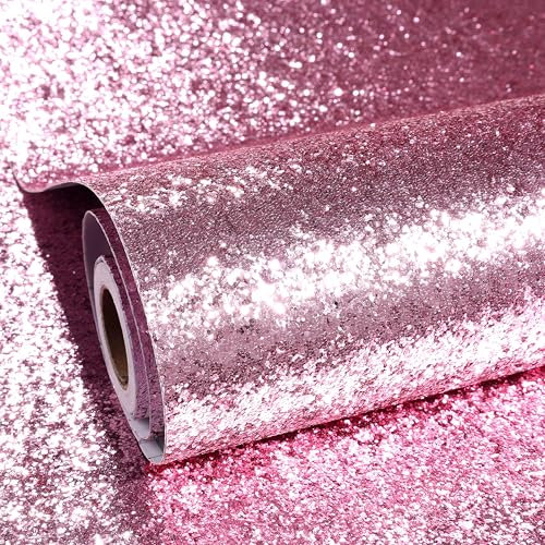 ReWallpaper Self Adhesive Wallpaper Sparkle Pink 60CM×5M Contact Paper for Furniture Craft Cabinets Chunky Pink Glitter Sticky Back Plastic Removable Stick on Wallpaper Girls Room Living Room
