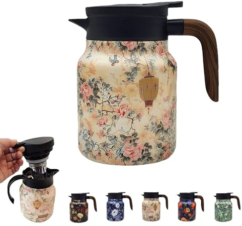 Raidley – Vintage Thermoskanne mit Blumenmuster Doresty – Isolierkanne mit Sieb – Thermokaraffe aus Edelstahl mit Deckel für Heißgetränke – 1 000 ml