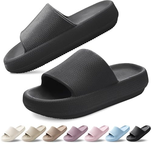 BAXIWUY Zapatillas Mujer Chanclas de Baño para Hombre Verano Super Suaves Chanclas de Casa Piscina Pantuflas Playa Comodas Antideslizante Sandalias Interior Exterior Unisex Negro, 42-43 EU