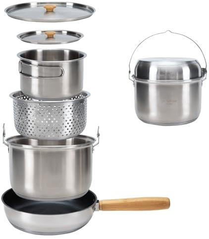 KingCamp Camping-Kochgeschirr-Set, 304 Edelstahl, Lagerfeuer, Kochtöpfe, Pfanne und Wasserkocher mit Reisetasche, für Camping, Outdoor, Küche, Kochen, Picknick für 4–6 Jahre
