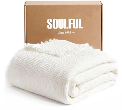 SOULFUL Musselin Decke 150x200 mit Quasten - Weiß | 4-Lagige Baumwolle Überwurf Kuscheldecke - Leichtes und Atmungsaktives - ÖKO-TEX Zertifiziert Weich Tagesdecke für Couch Sofa