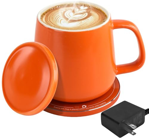 USBERG Self-Heating Ceramic Coffee Mug, 4H Smart Heating Mug Auto Shut Off Heated Mug W/15W Wireless Charger Coaster, Hot Coffee Mug Splash-Proof Lid, 380/12.8 fl oz Warming Mug Easy Clean (Orange)