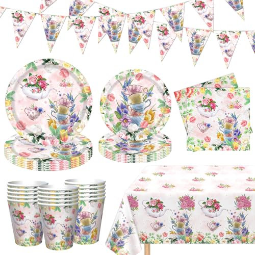 83Pcs Tea Party Decorations Tea Floral Party Supplies Floral Theme Plates and Napkins Sets Flower Garden Tableware for Girl's Birthday Baby Shower Wedding